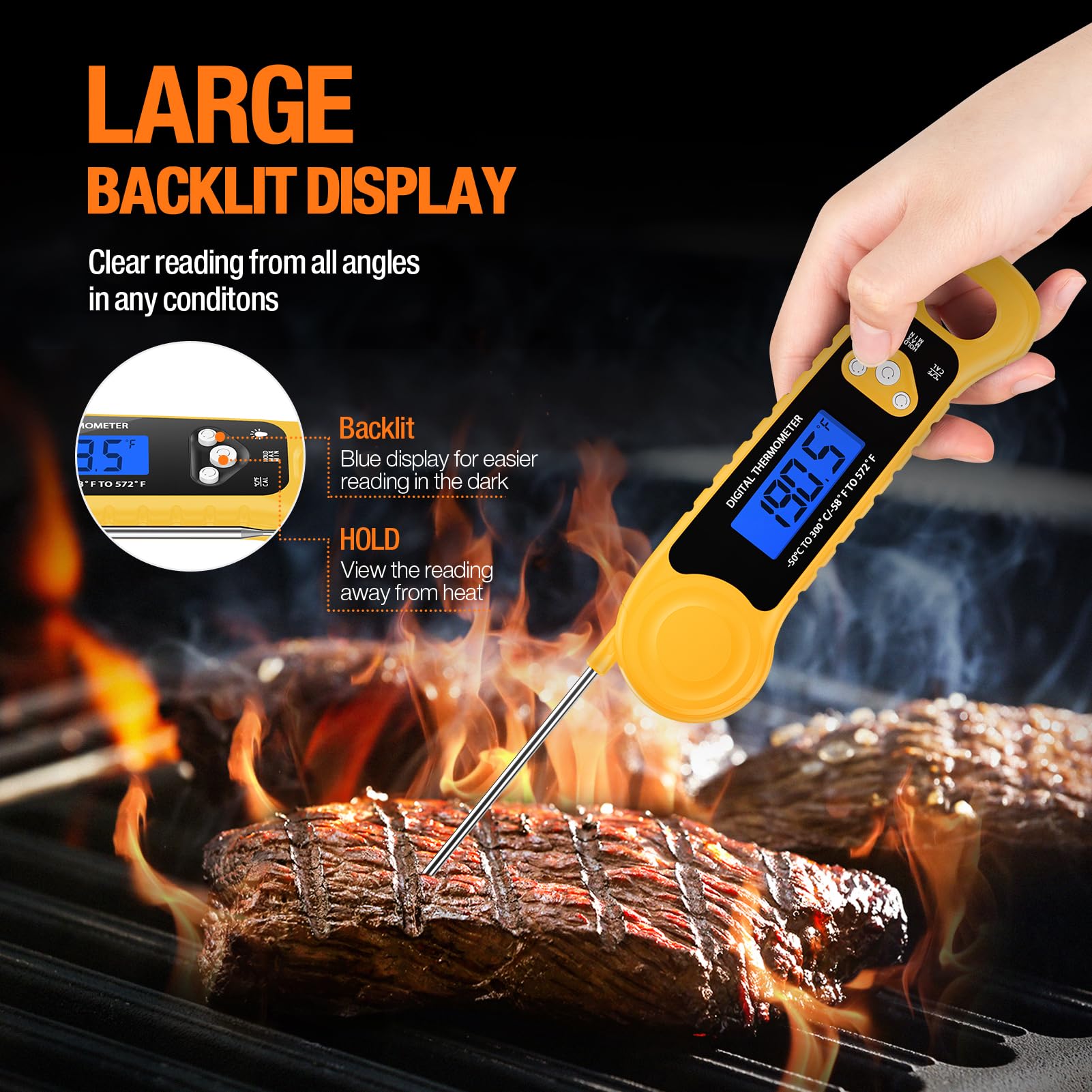 Ammzo Meat Thermometer Digital, Instant Read Food Thermometer Waterproof With Backlight For Cooking, Deep Fry, Bbq, Grill, Smoke